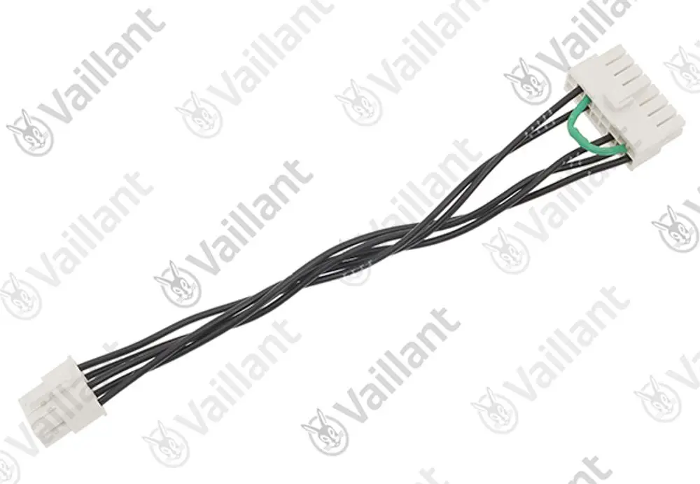Vaillant Kabelbaum mit mehreren elektrischen Anschlüssen, verbunden durch schwarze Drähte, mit einem weißen Stecker auf einer Seite und einem anderen Stecker auf der anderen Seite.
